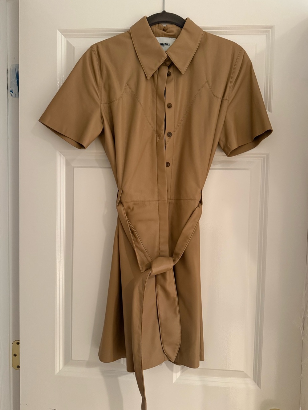Nanushka Vegan Leather Shirt Dress in Camel